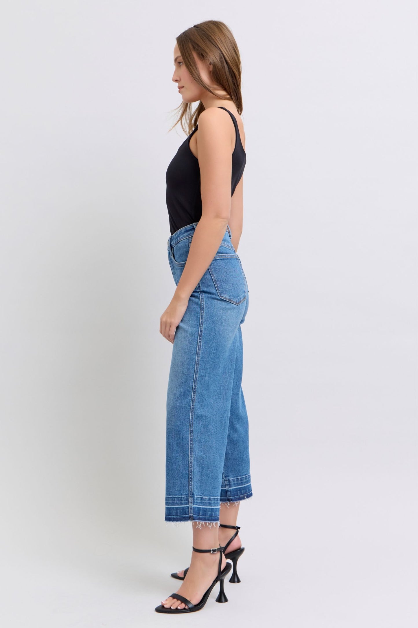 JUDY BLUE HIGH WAIST TUMMY CONTROL RELEASE HEM CROP WIDE JEAN