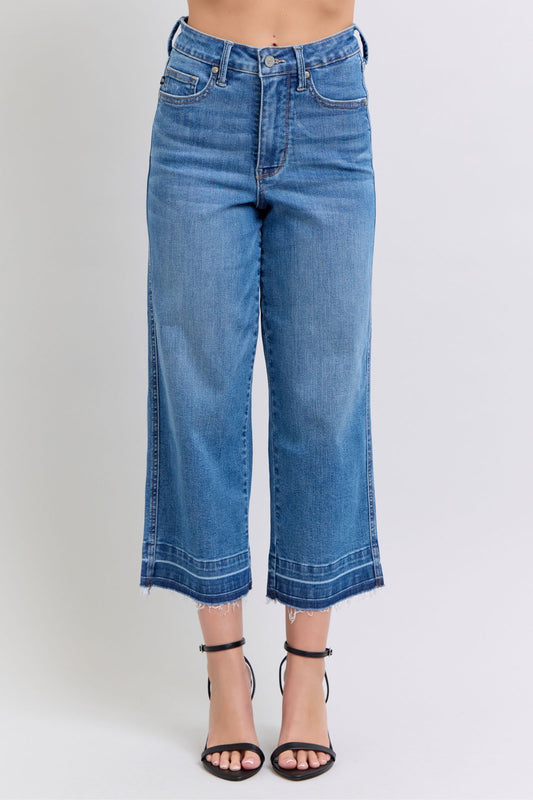 JUDY BLUE HIGH WAIST TUMMY CONTROL RELEASE HEM CROP WIDE JEAN