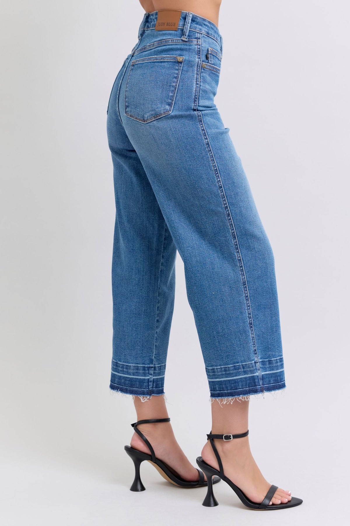 JUDY BLUE HIGH WAIST TUMMY CONTROL RELEASE HEM CROP WIDE JEAN