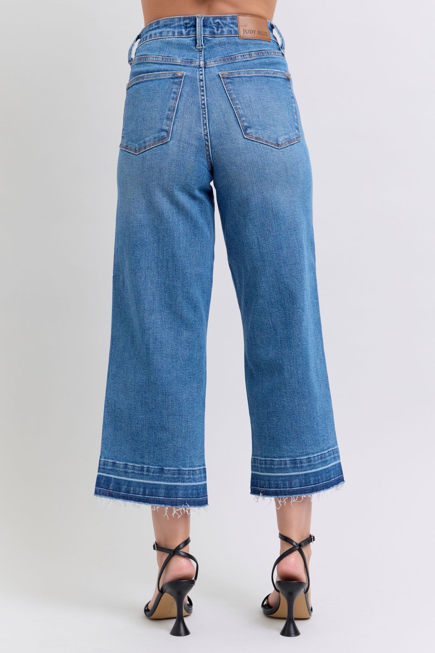 JUDY BLUE HIGH WAIST TUMMY CONTROL RELEASE HEM CROP WIDE JEAN