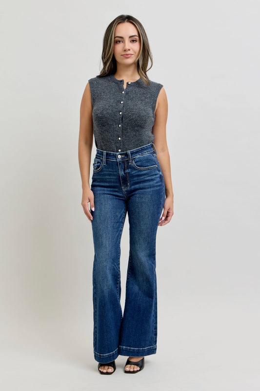 JUDY BLUE HIGH WAIST PETITE TROUSER FLARE JEANS - DARK STONE