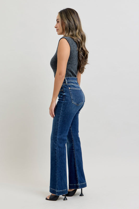 JUDY BLUE HIGH WAIST PETITE TROUSER FLARE JEANS - DARK STONE