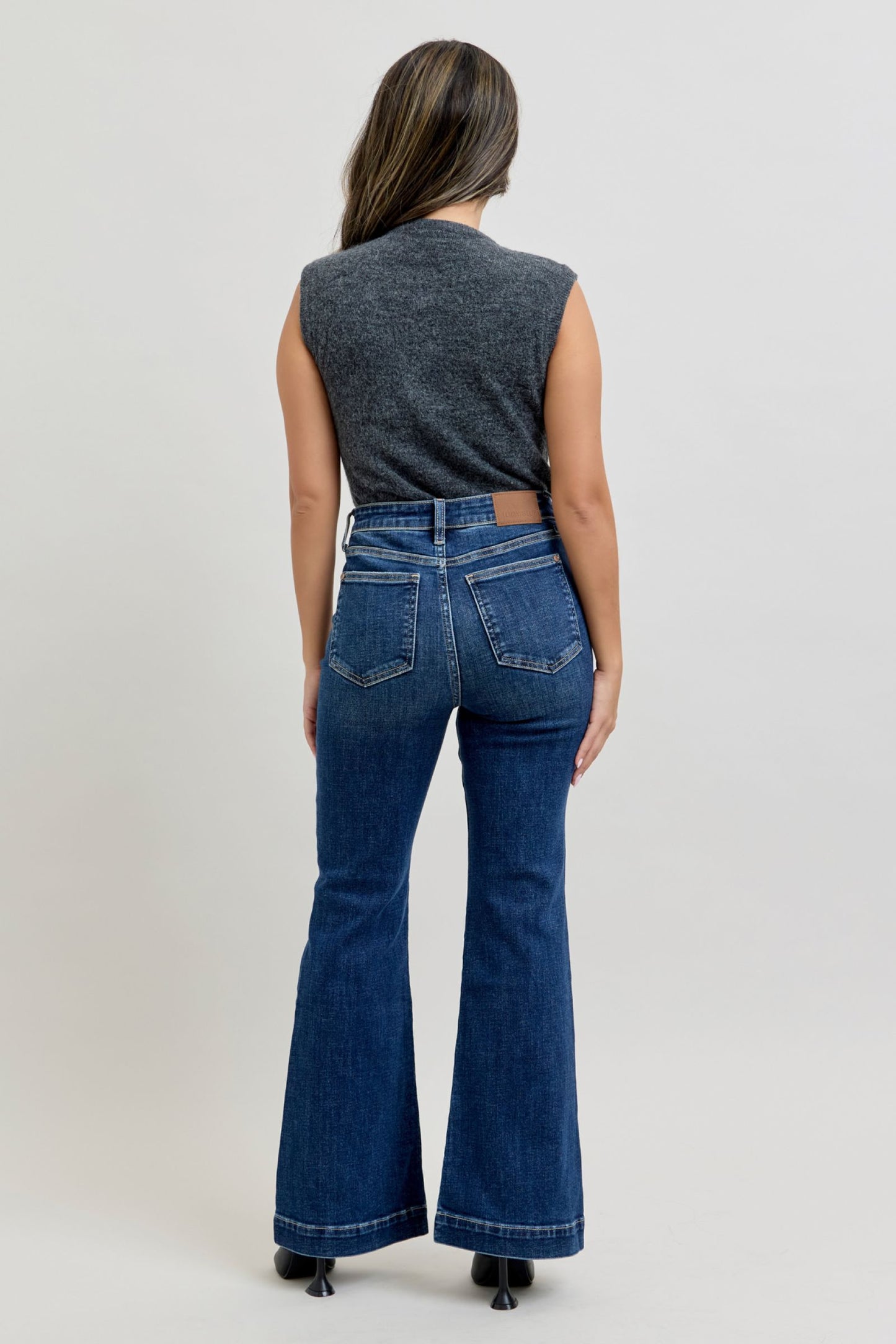 JUDY BLUE HIGH WAIST PETITE TROUSER FLARE JEANS - DARK STONE