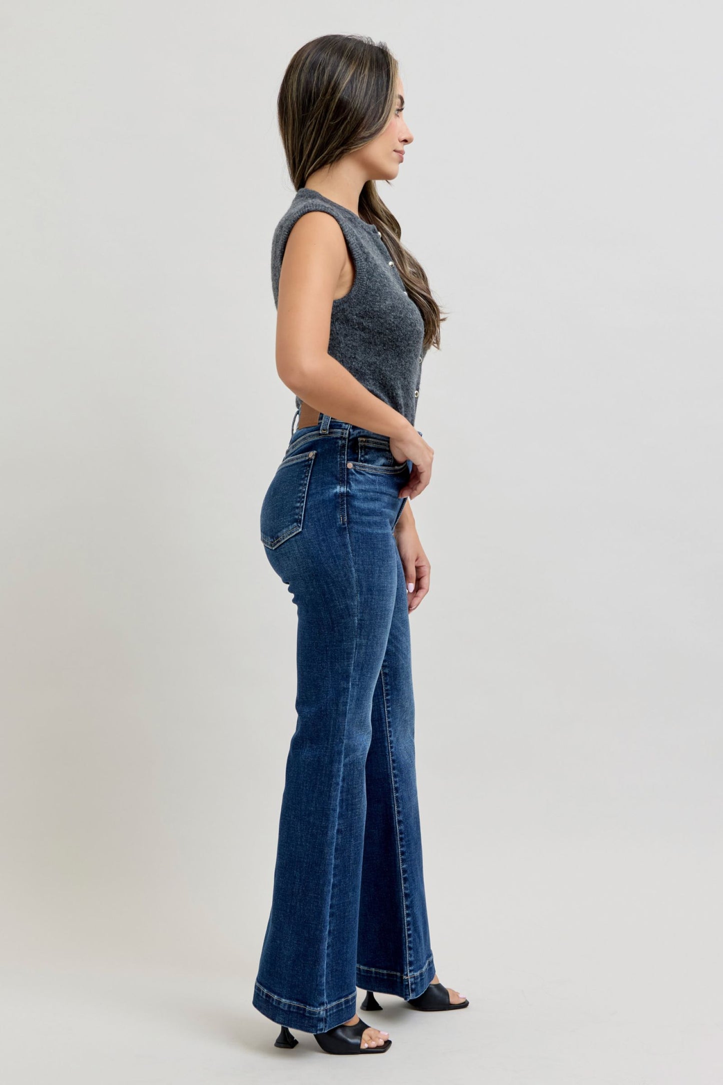 JUDY BLUE HIGH WAIST PETITE TROUSER FLARE JEANS - DARK STONE