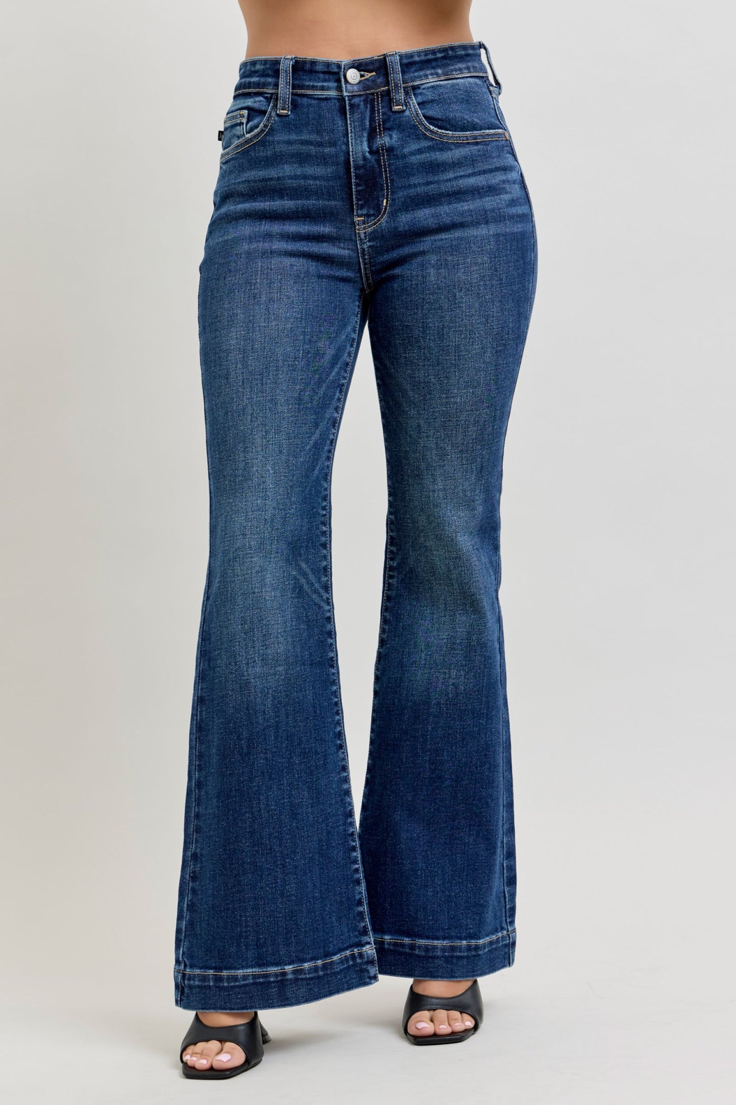 JUDY BLUE HIGH WAIST PETITE TROUSER FLARE JEANS - DARK STONE