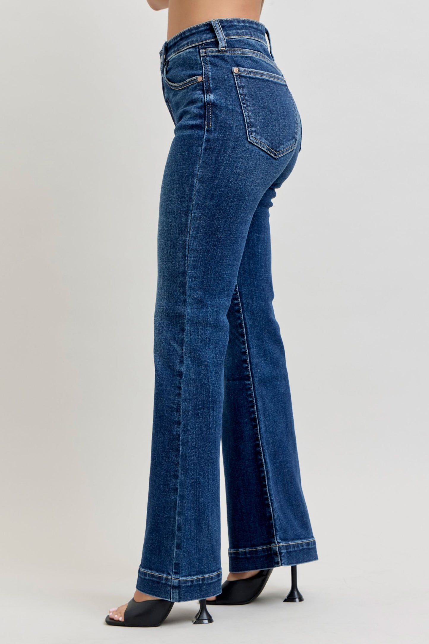 JUDY BLUE HIGH WAIST PETITE TROUSER FLARE JEANS - DARK STONE