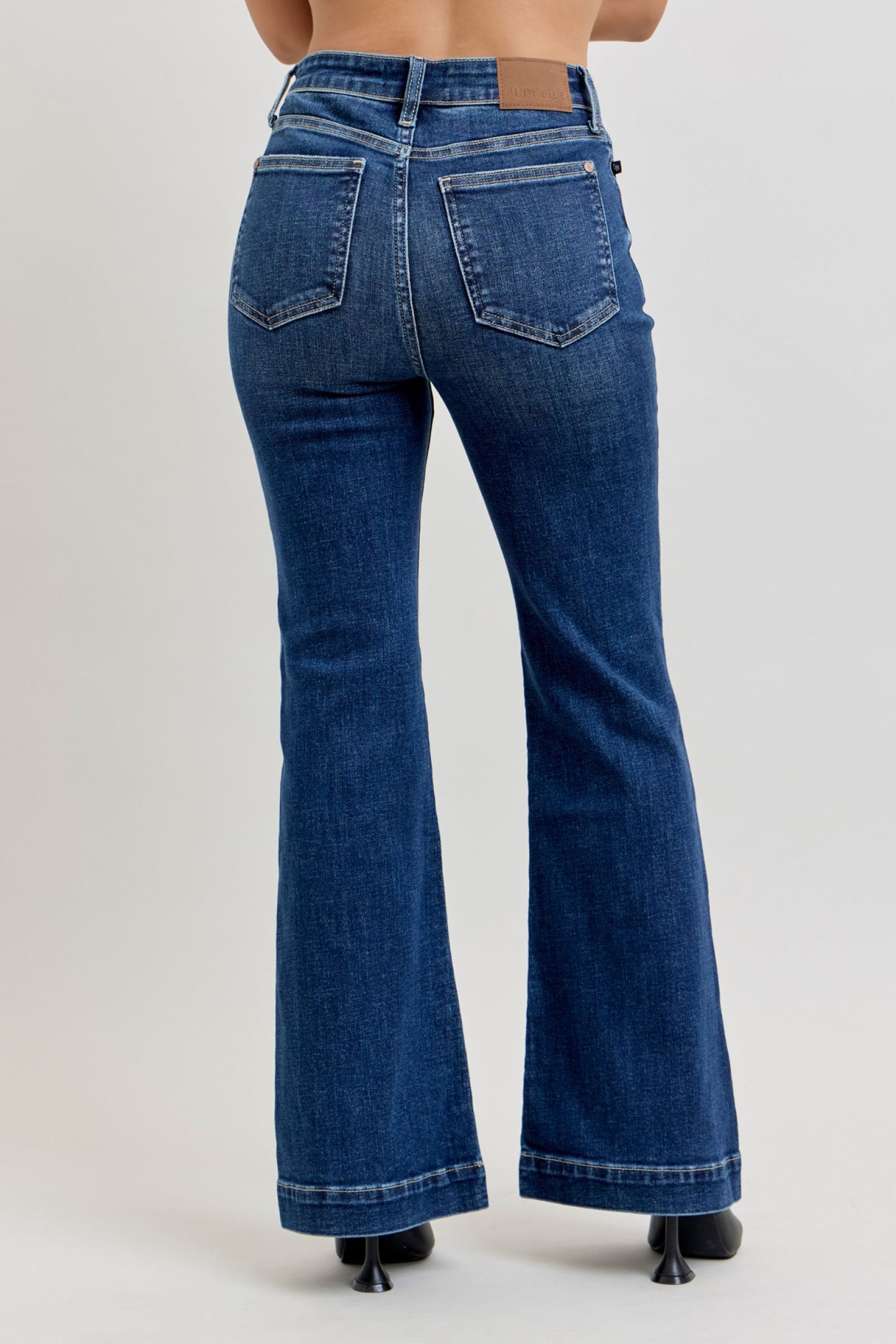 JUDY BLUE HIGH WAIST PETITE TROUSER FLARE JEANS - DARK STONE