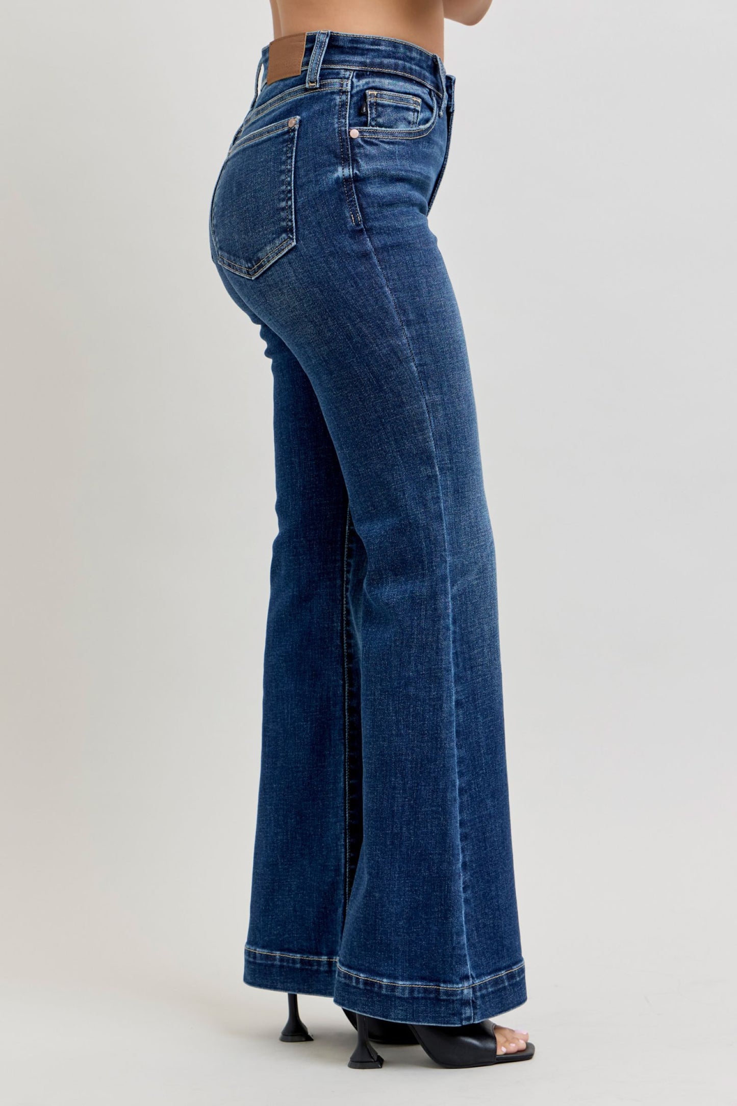 JUDY BLUE HIGH WAIST PETITE TROUSER FLARE JEANS - DARK STONE