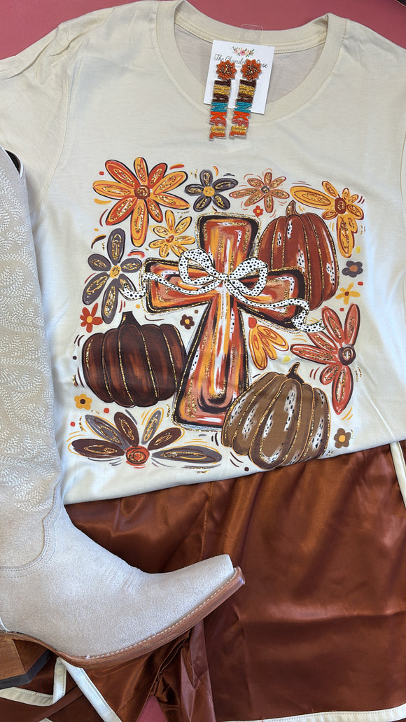 FALL PUMPKINS AND THE CROSS TEE - CREAM