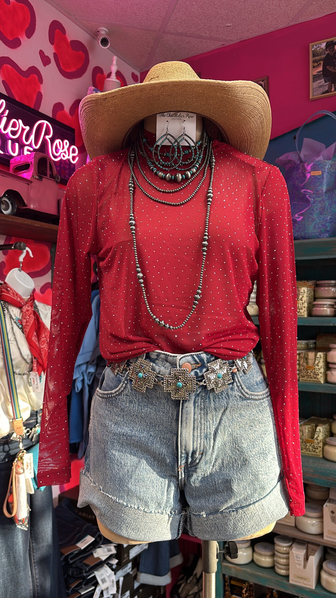 MAROON SHEER RHINESTONE MESH LONG SLEEVE TOP