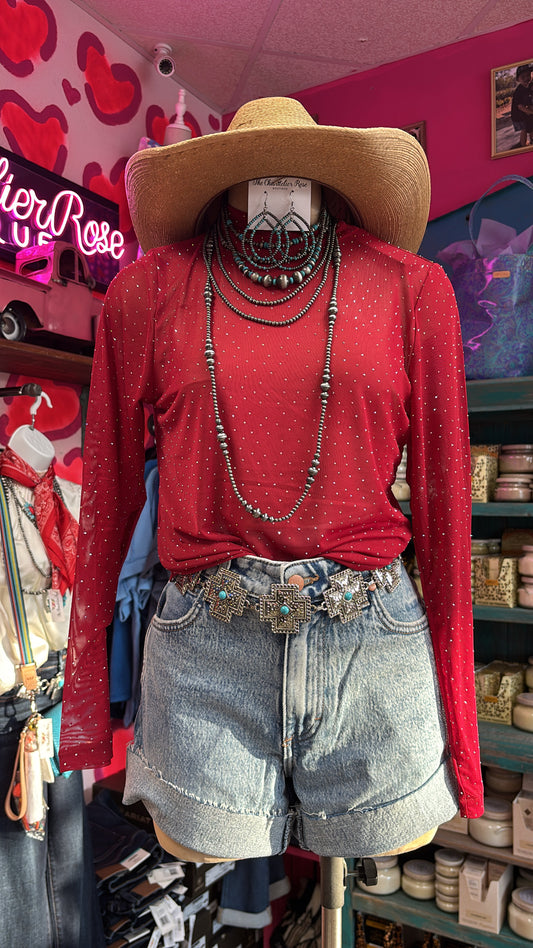 MAROON SHEER RHINESTONE MESH LONG SLEEVE TOP
