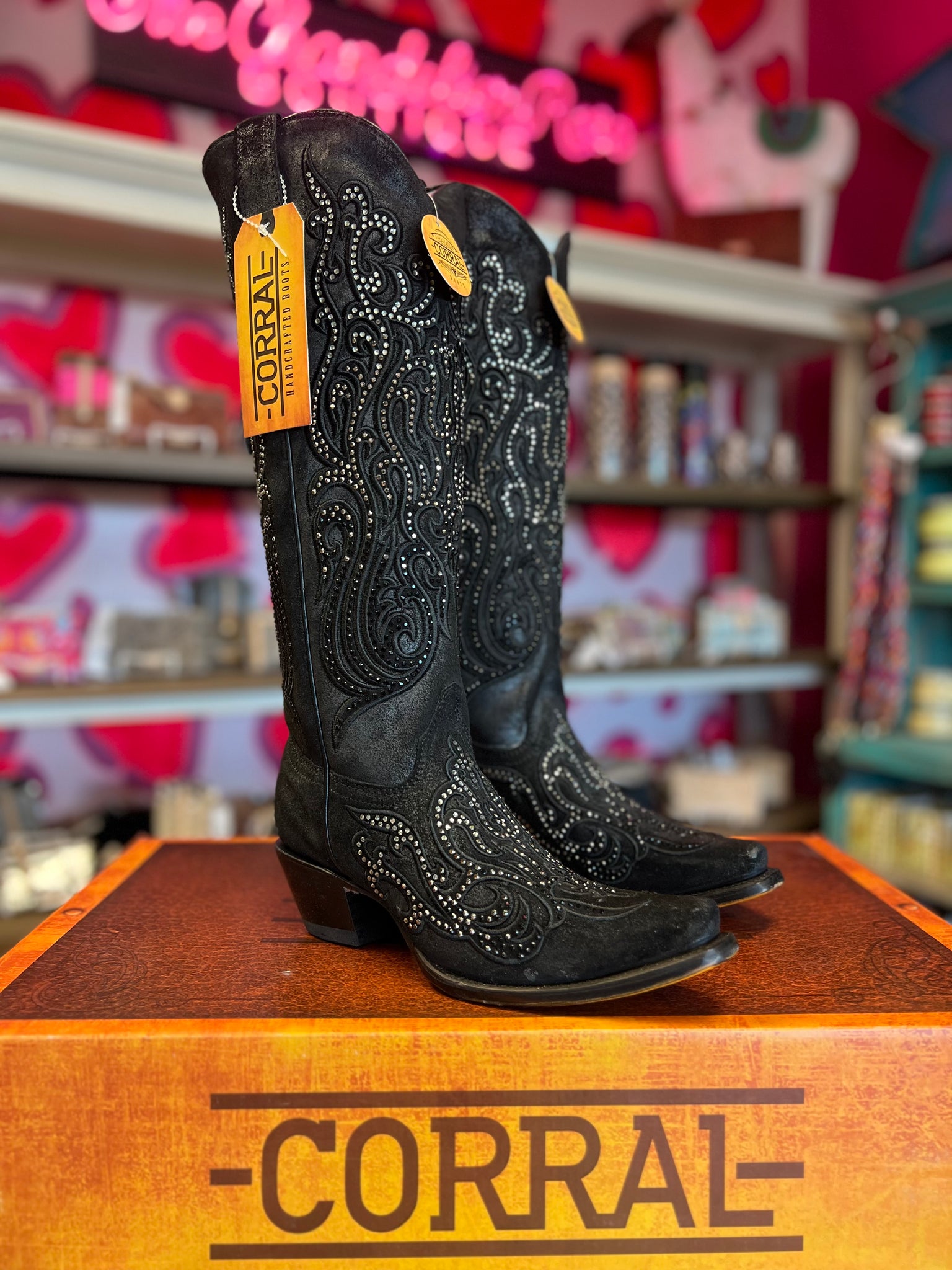 CORRAL WOMEN'S BLACK SUEDE OVERLAY CRYSTAL TALL WESTERN BOOT C4097