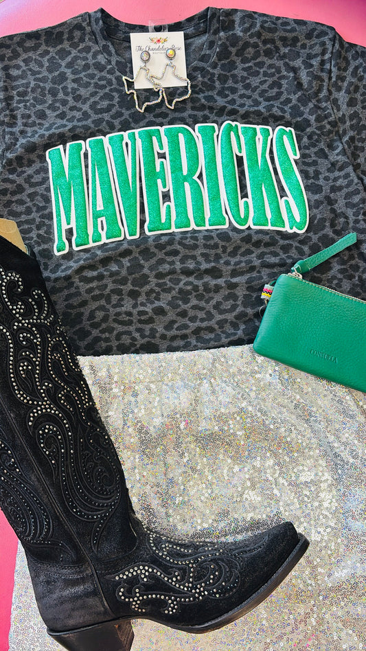 MAVERICKS BLACK LEOPARD TEE - GREEN GLITTER PUFF
