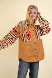 OVERSIZED AZTEC BUTTON DOWN SHACKET - CAMEL