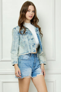 WASHED DENIM WITH STRIPE RHINESTONE JACKET - LIGHT WASH