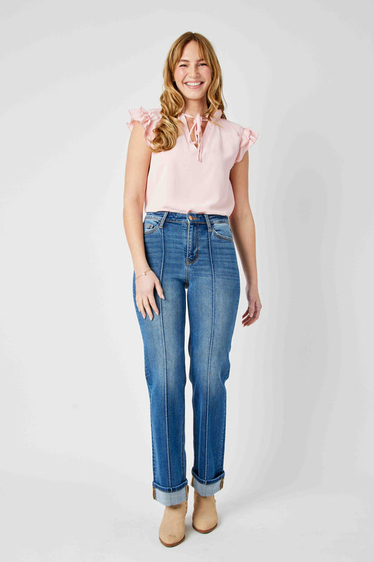 JUDY BLUE HIGH WAIST FRONT SEAM DETAIL & CUFFED STRAIGHT JEAN - MEDIUM STONE
