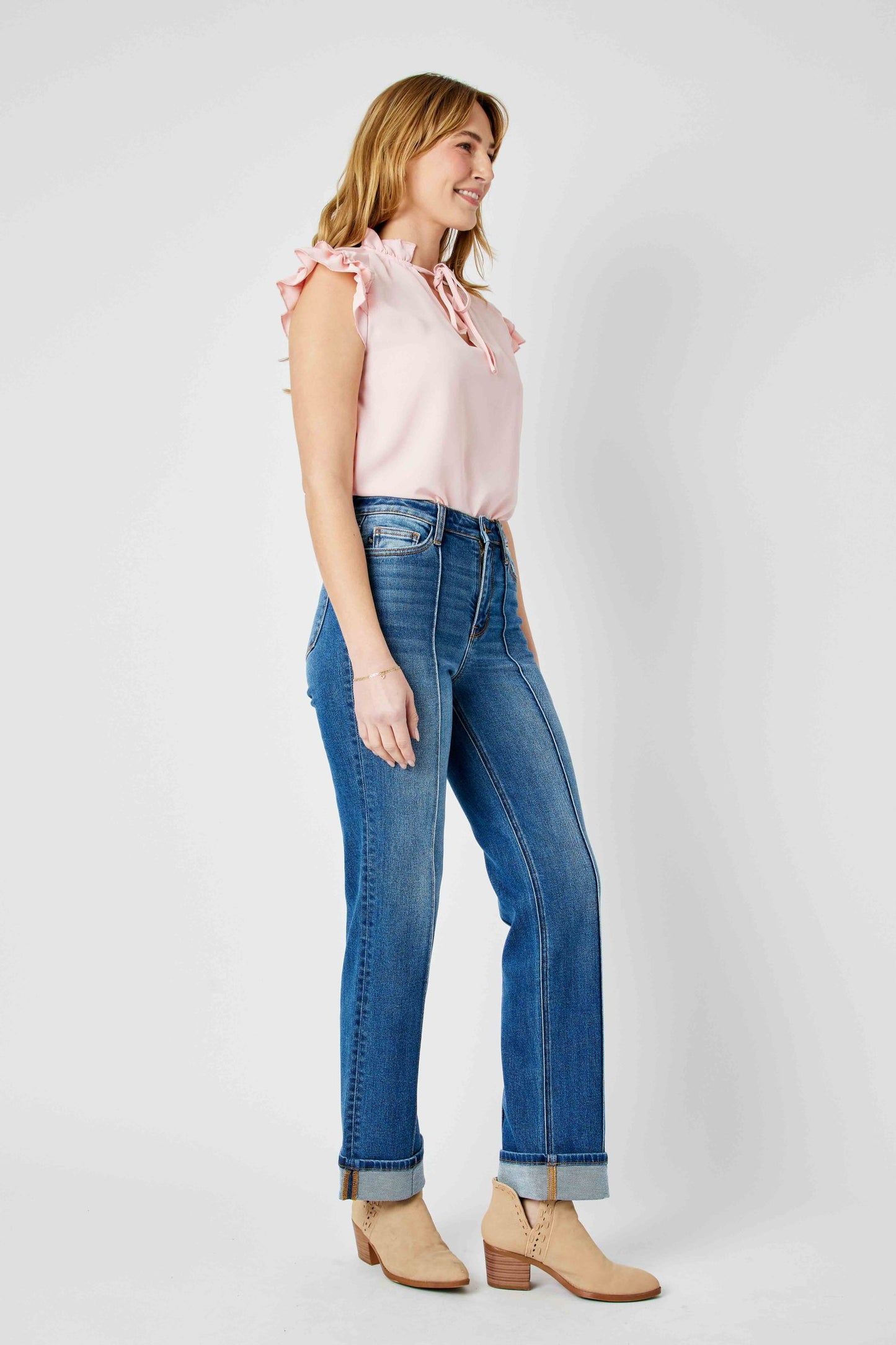 JUDY BLUE HIGH WAIST FRONT SEAM DETAIL & CUFFED STRAIGHT JEAN - MEDIUM STONE