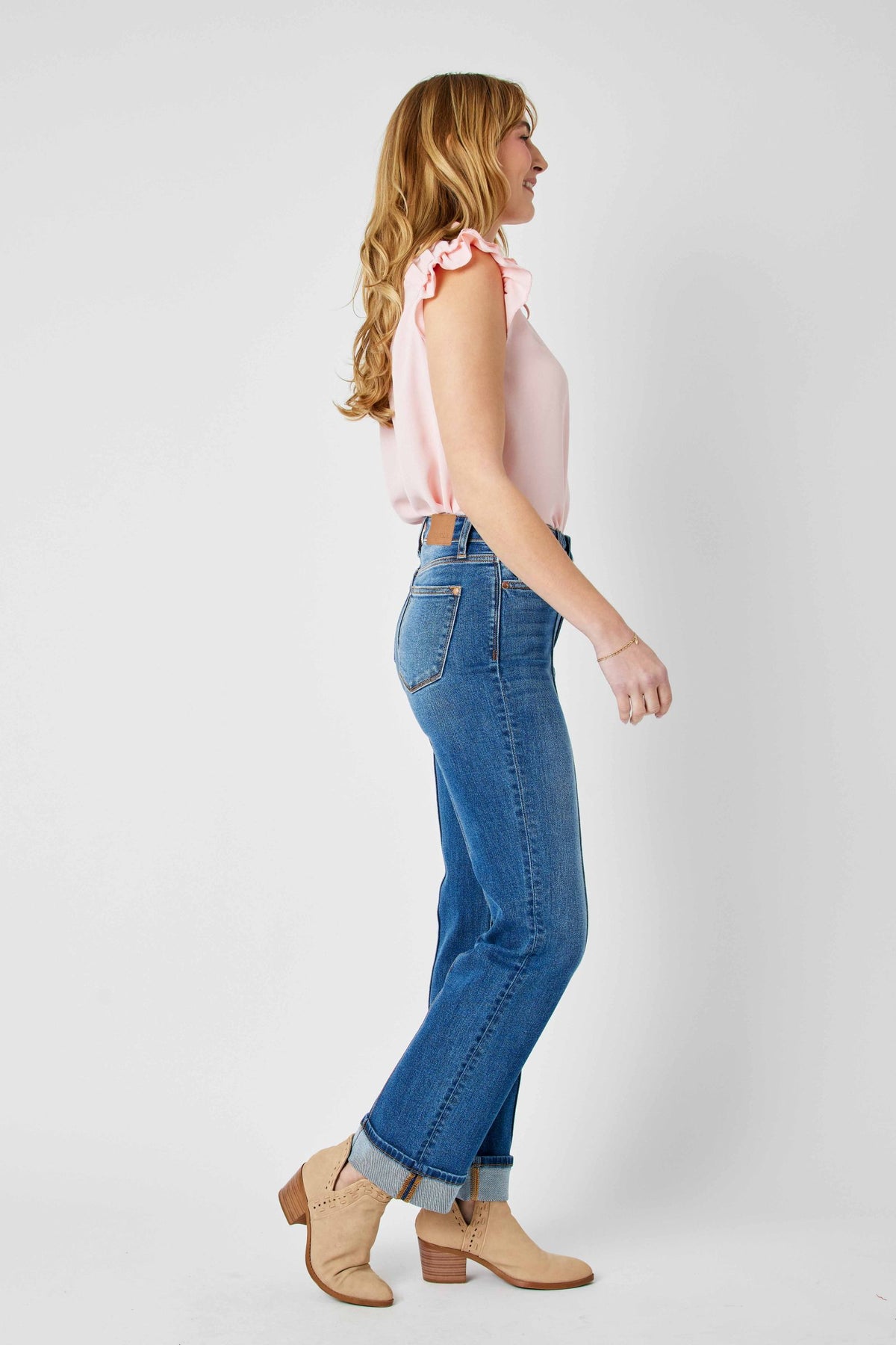 JUDY BLUE HIGH WAIST FRONT SEAM DETAIL & CUFFED STRAIGHT JEAN - MEDIUM STONE