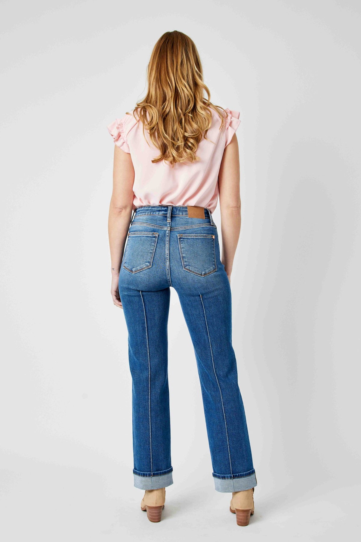 JUDY BLUE HIGH WAIST FRONT SEAM DETAIL & CUFFED STRAIGHT JEAN - MEDIUM STONE