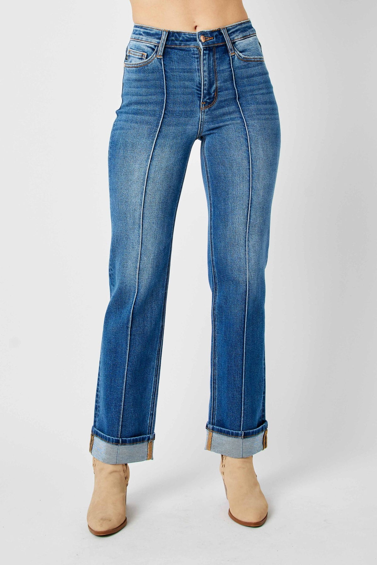 JUDY BLUE HIGH WAIST FRONT SEAM DETAIL & CUFFED STRAIGHT JEAN - MEDIUM STONE