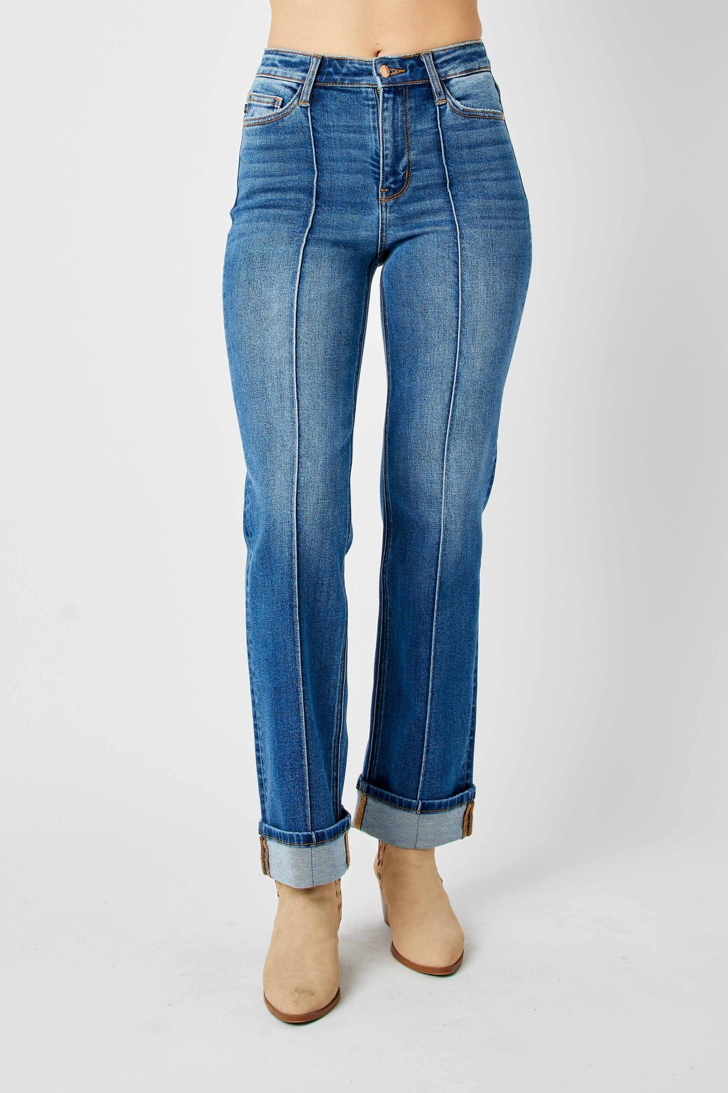 JUDY BLUE HIGH WAIST FRONT SEAM DETAIL & CUFFED STRAIGHT JEAN - MEDIUM STONE