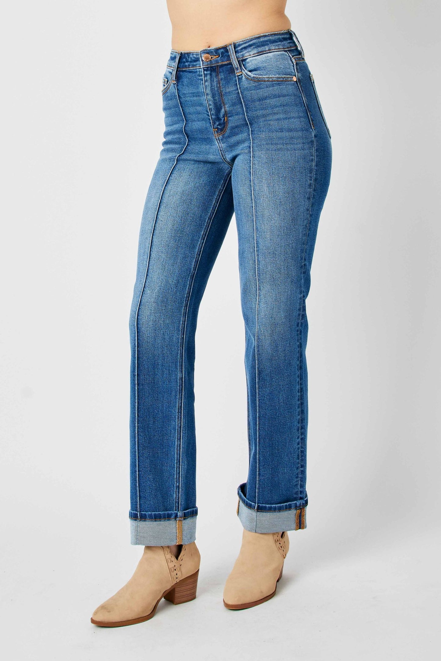 JUDY BLUE HIGH WAIST FRONT SEAM DETAIL & CUFFED STRAIGHT JEAN - MEDIUM STONE