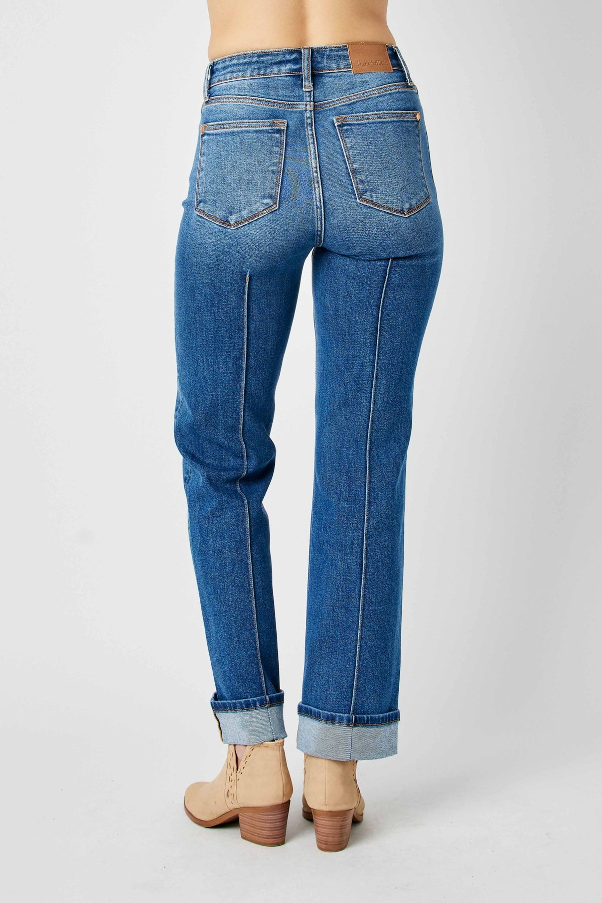 JUDY BLUE HIGH WAIST FRONT SEAM DETAIL & CUFFED STRAIGHT JEAN - MEDIUM STONE
