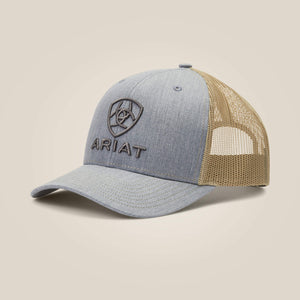 ARIAT MENS STACKED LOGO TRUCKER CAP - GREY/TAN