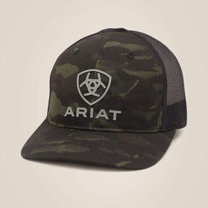 ARIAT MENS STACKED LOGO TRUCKER CAP - BLACK CAMO