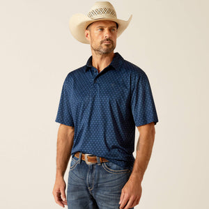 ARIAT MENS CHARGER 2.0 PRINTED SHORT SLEEVE POLO - DRESS BLUES