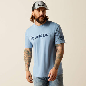 ARIAT MENS SHIELD FLAG SHORT SLEEVE TSHIRT - LIGHT BLUE HEATHER