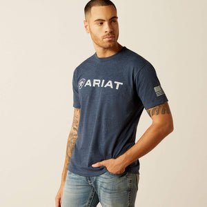 ARIAT MENS SHIELD FLAG TSHIER - NAVY HEATHER