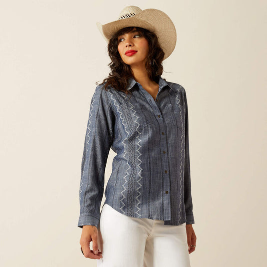 ARIAT WOMEN'S BILLIE JEAN BUTTON DOWN SHIRT - MED BLUE CHAMBRAY
