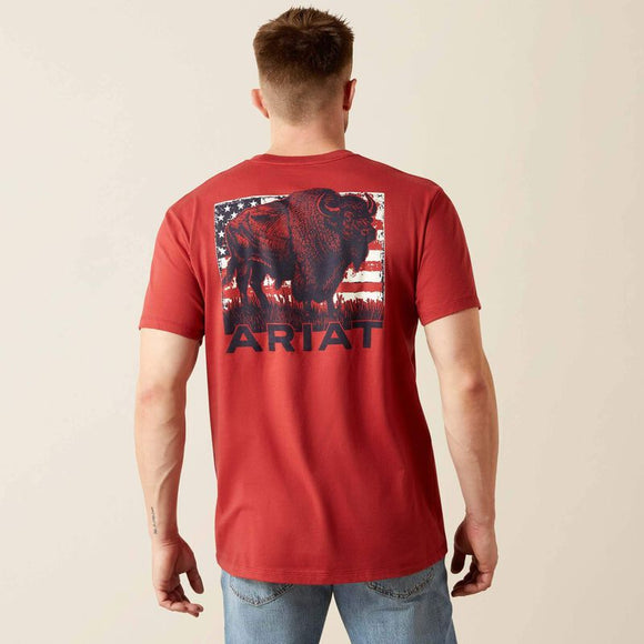 ARIAT MENS SHORT SLEEVE BUFFALO FLAG TSHIRT - BRICK RED