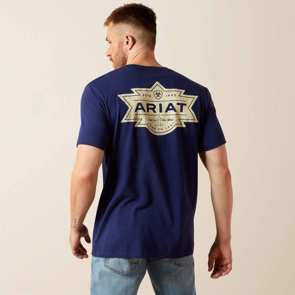 ARIAT MENS SHORT SLEEVE MESA MOTIF LOCKUP TSHIRT - MEDIEVAL BLUE
