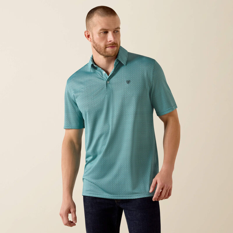 ARIAT MENS ALL OVER PRINT POLO - ANGEL BLUE MOD GEO PRINT