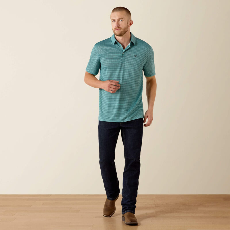 ARIAT MENS ALL OVER PRINT POLO - ANGEL BLUE MOD GEO PRINT