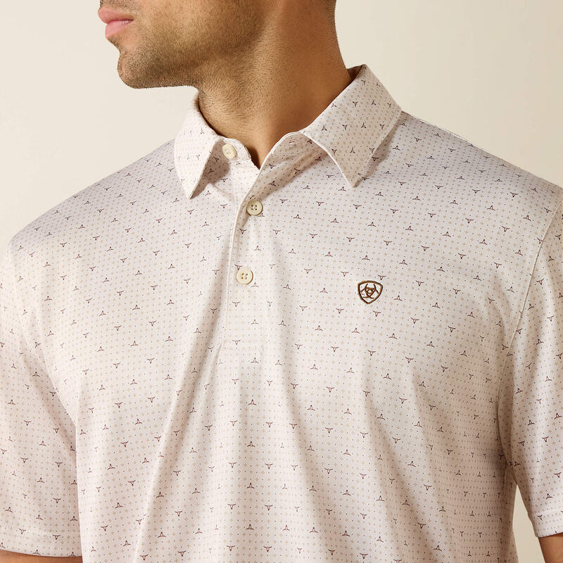 ARIAT MENS ALL OVER PRINT CLASSIC FIT POLO - MOONBEAM STEER PRINT