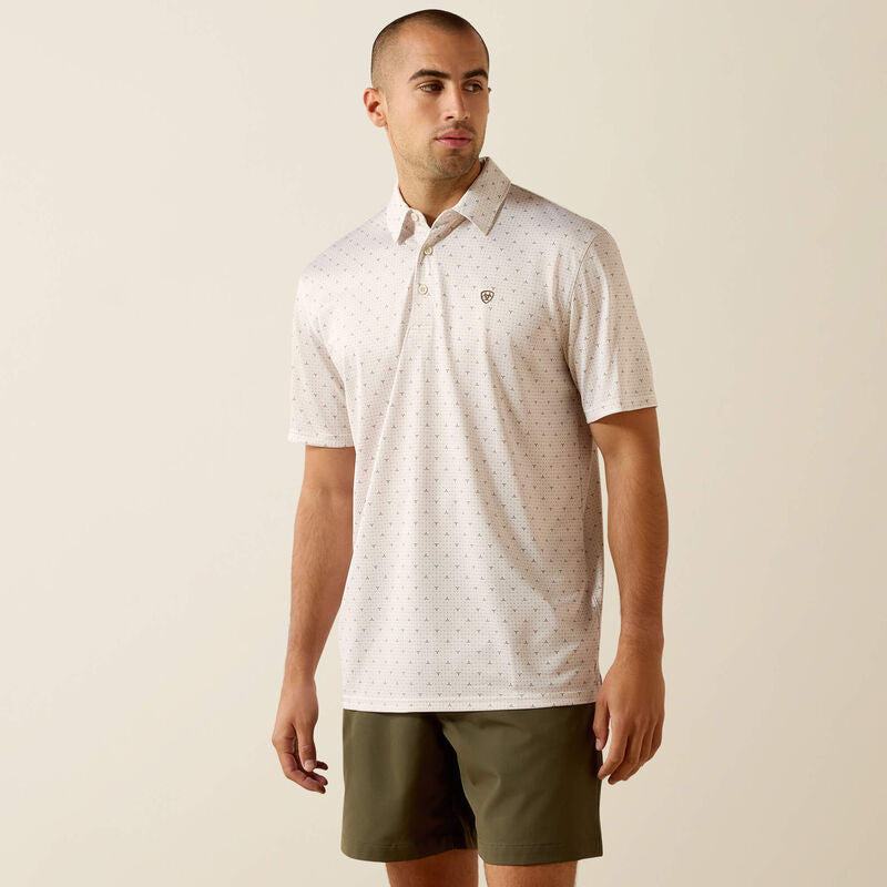ARIAT MENS ALL OVER PRINT CLASSIC FIT POLO - MOONBEAM STEER PRINT