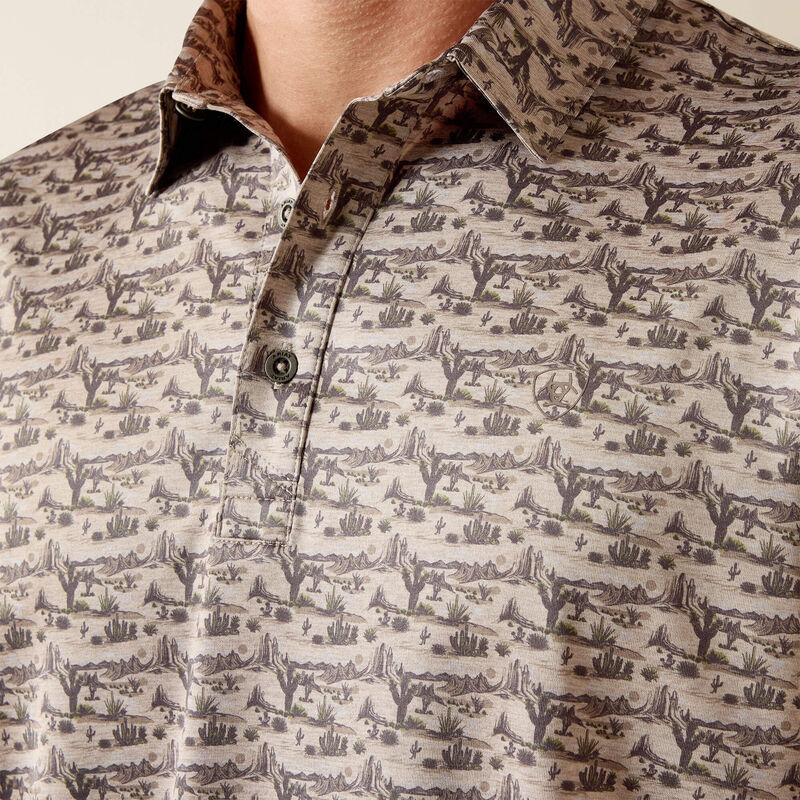 ARIAT MENS All Over Print Heathered Fitted Polo - OFF WHITE DESERT PRINT