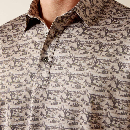 ARIAT MENS All Over Print Heathered Fitted Polo - OFF WHITE DESERT PRINT