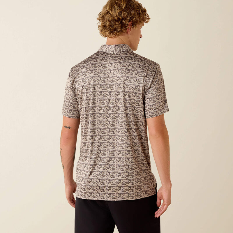 ARIAT MENS All Over Print Heathered Fitted Polo - OFF WHITE DESERT PRINT