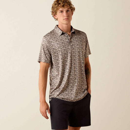 ARIAT MENS All Over Print Heathered Fitted Polo - OFF WHITE DESERT PRINT