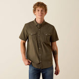ARIAT MENS FRONTIER TOUGH FLEX VENTTEK WESTERN FITTED SHORT SLEEVE SNAP SHIRT - GRAPE LEAF