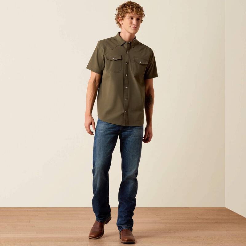 ARIAT MENS FRONTIER TOUGH FLEX VENTTEK WESTERN FITTED SHORT SLEEVE SNAP SHIRT - GRAPE LEAF