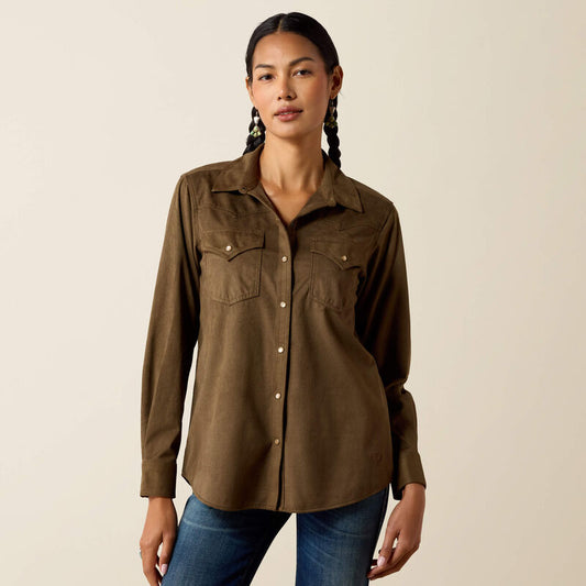 ARIAT WOMEN'S AUTUMN OLIVE SUEDE DRIFT WESTERN SNAP SHIRT