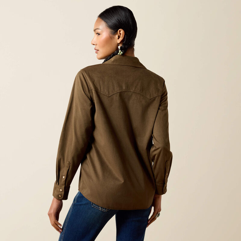 ARIAT WOMEN'S AUTUMN OLIVE SUEDE DRIFT WESTERN SNAP SHIRT