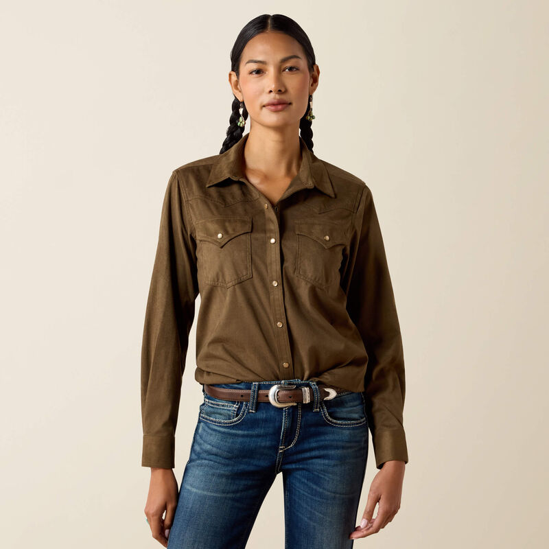 ARIAT WOMEN'S AUTUMN OLIVE SUEDE DRIFT WESTERN SNAP SHIRT