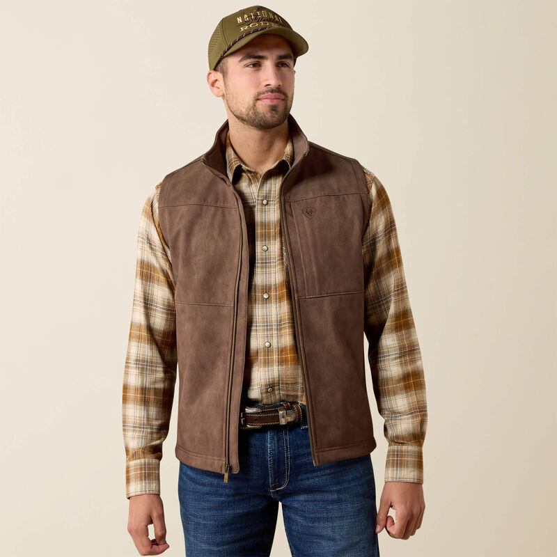 ARIAT MENS VERNON SOFTSHELL VEST - WREN FAUX LEATHER PRINT