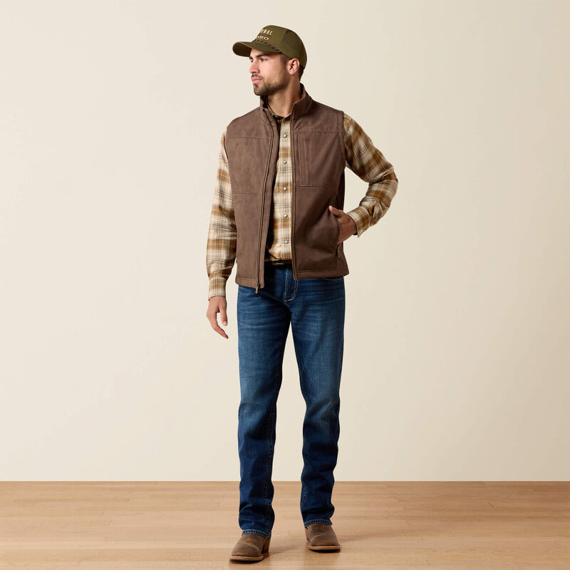 ARIAT MENS VERNON SOFTSHELL VEST - WREN FAUX LEATHER PRINT